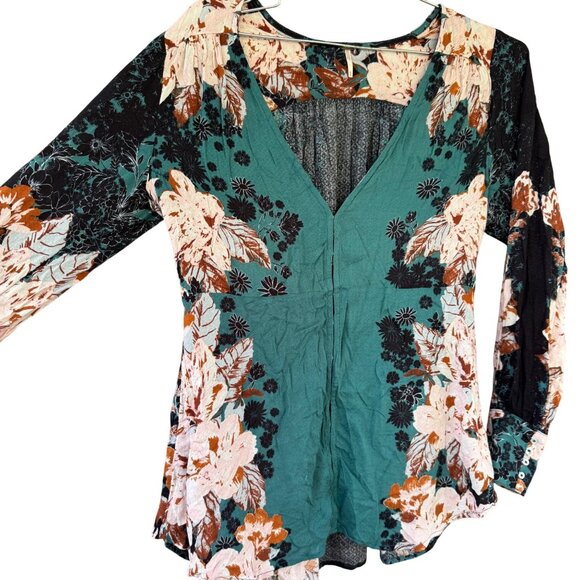 Free People Womens Size Medium Green Mikayla Print Long Sleeve Deep V Neck Tunic - Picture 7 of 9